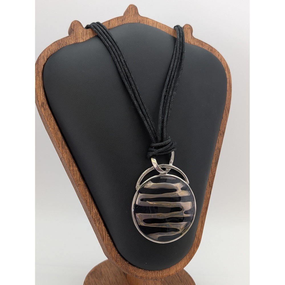Unsigned Modernist Zebra Stripe Resin Pendant Multi-Strand Cord Necklace Black
